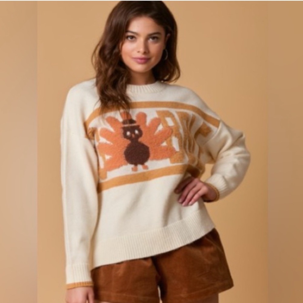 Fantastic Fawn Gobble‎ Turkey Thanksgiving Sweater Cream Large New With Tags